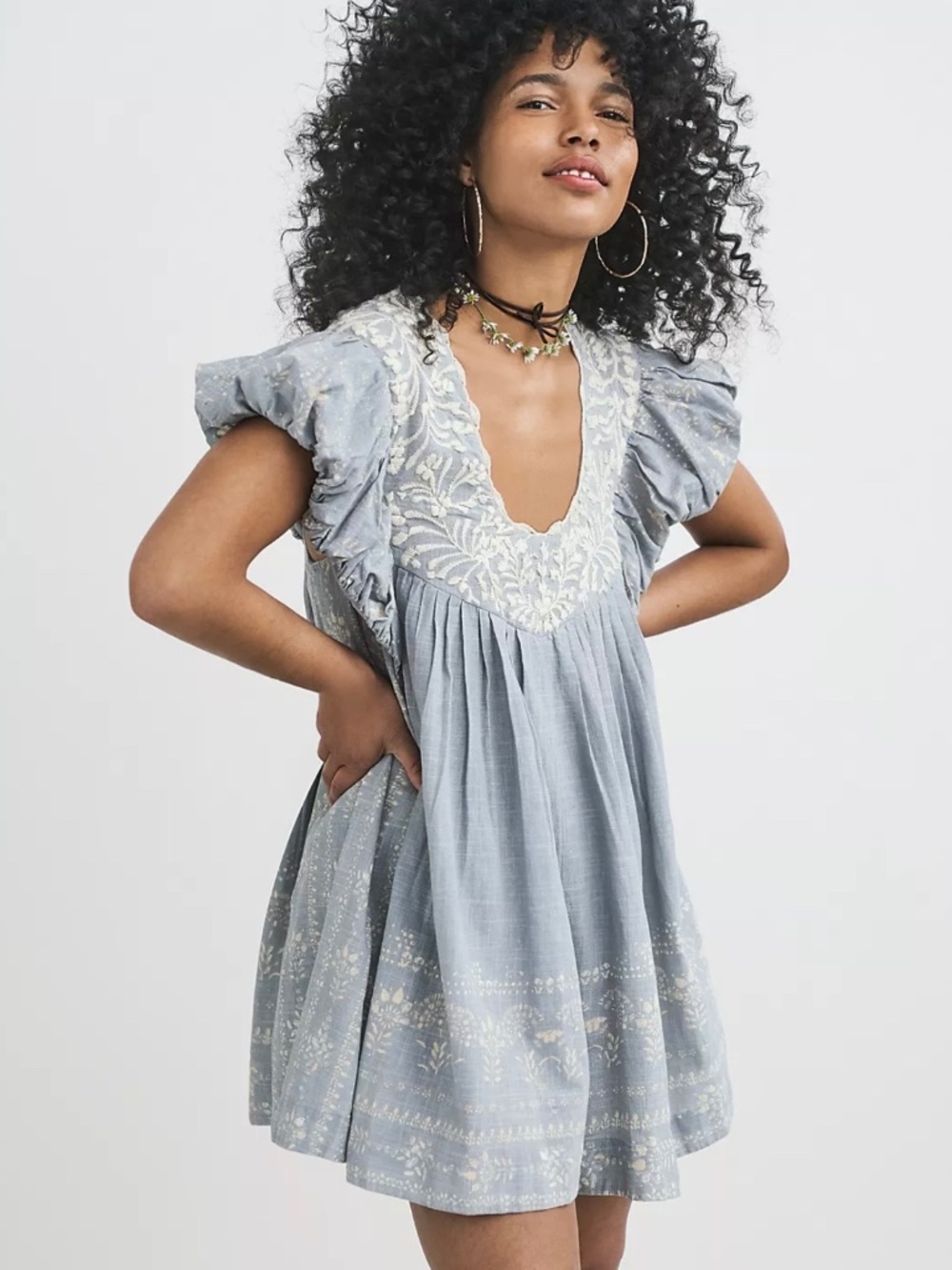 Free People Cutie Pie Romper Periwinkle Combo Embroidered Size L